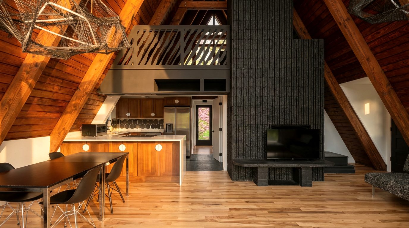 Inside the Casa Trigono A-frame — beams, black brick chimney, and the kitchen below the loft