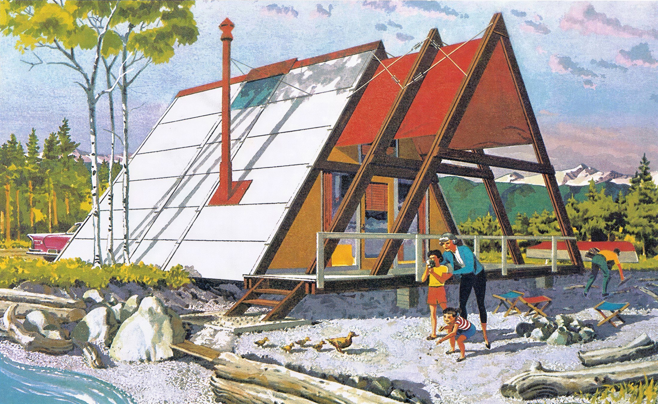 Vintage illustration of a red-and-white A-frame vacation house by a lake with a family out front