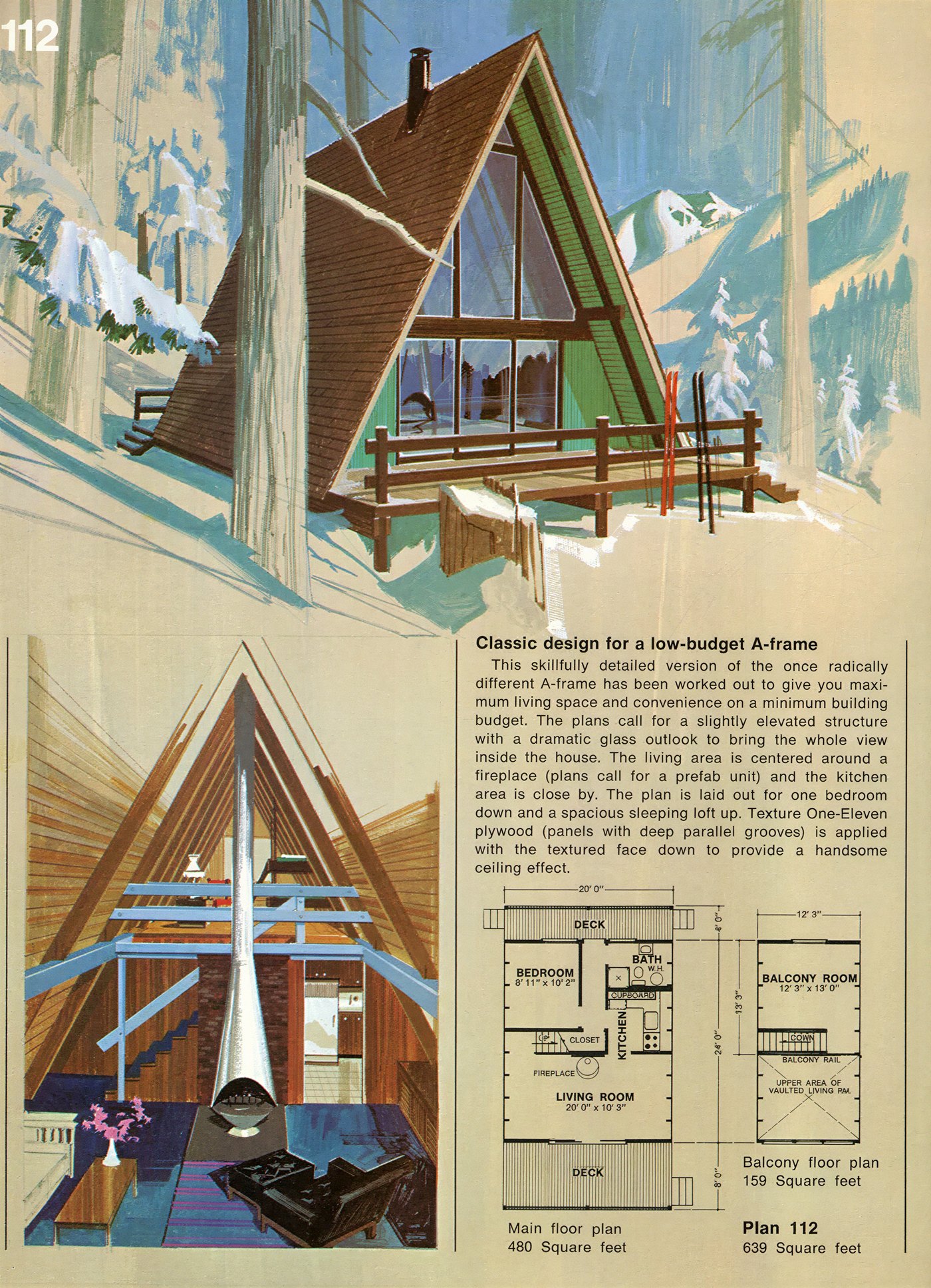 American Plywood Association plan-book page for a low-budget A-frame, with interior view and floor plans