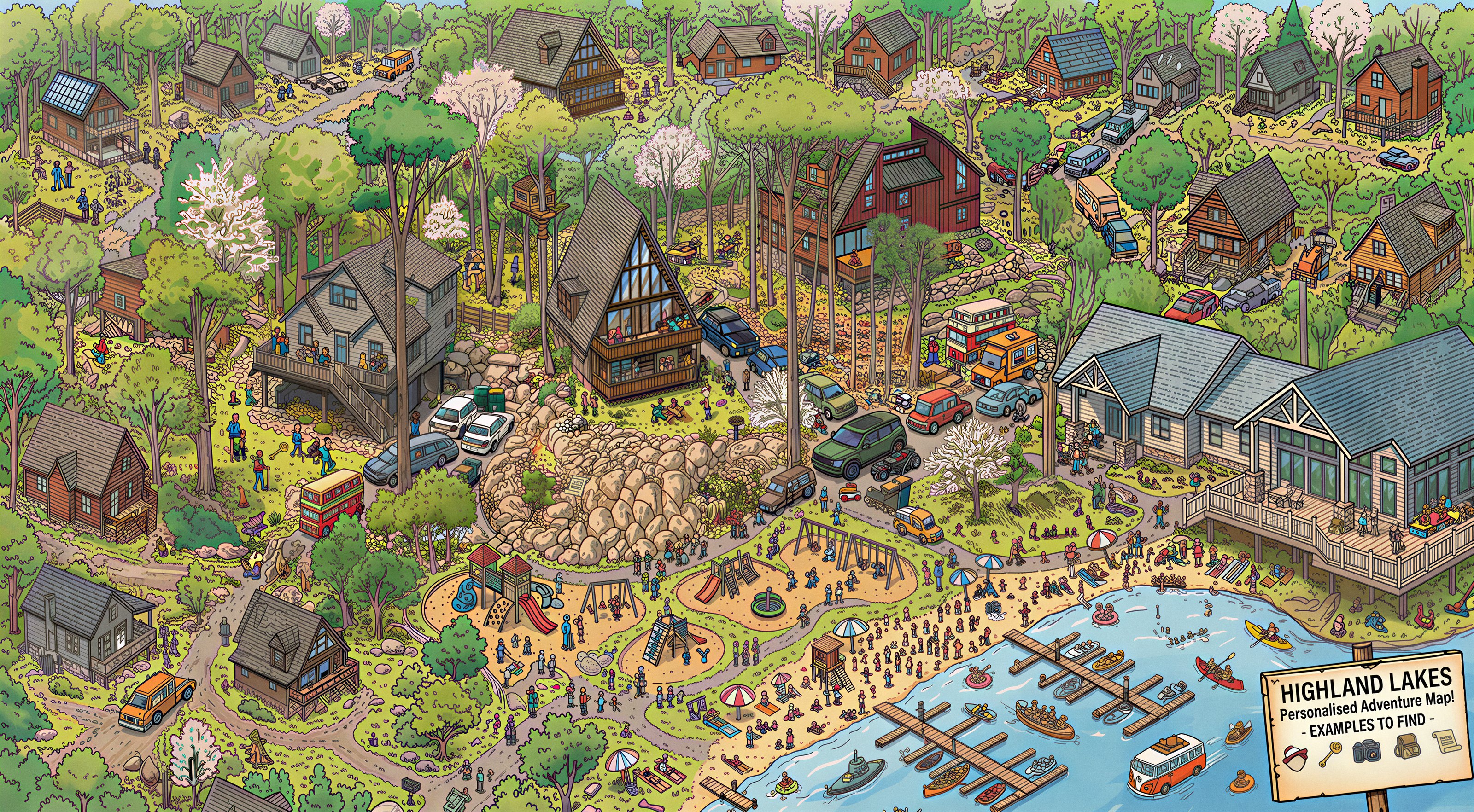 Hand-drawn seek-and-find map of Highland Lakes with the A-frame, beach, docks, and dozens of hidden objects