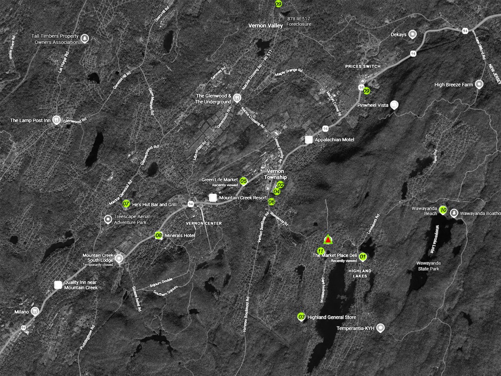 Custom map of Highland Lakes and Vernon with 12 numbered stops.