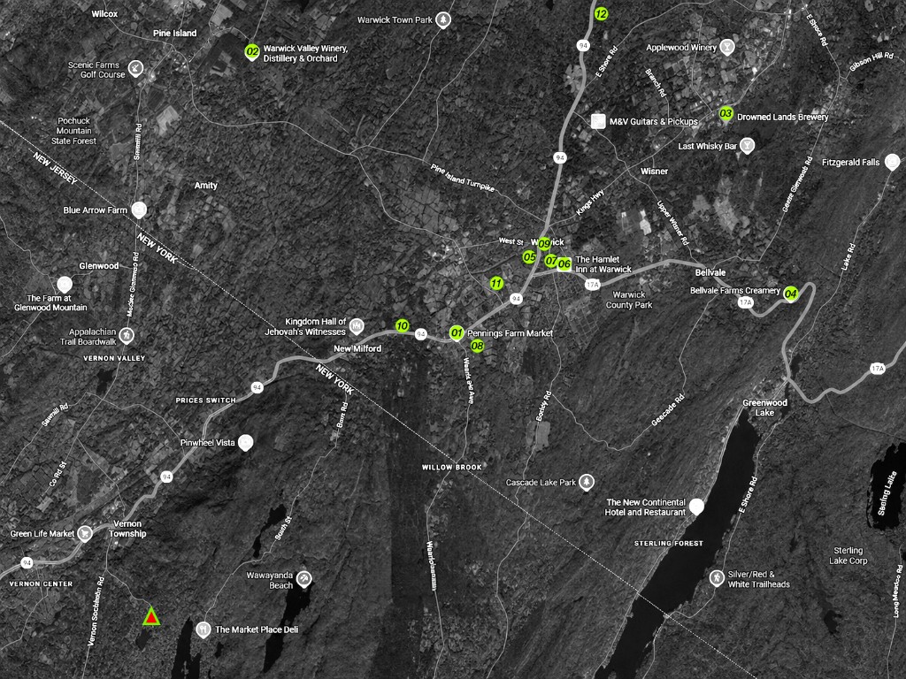 Custom map of Warwick NY with 12 numbered stops.